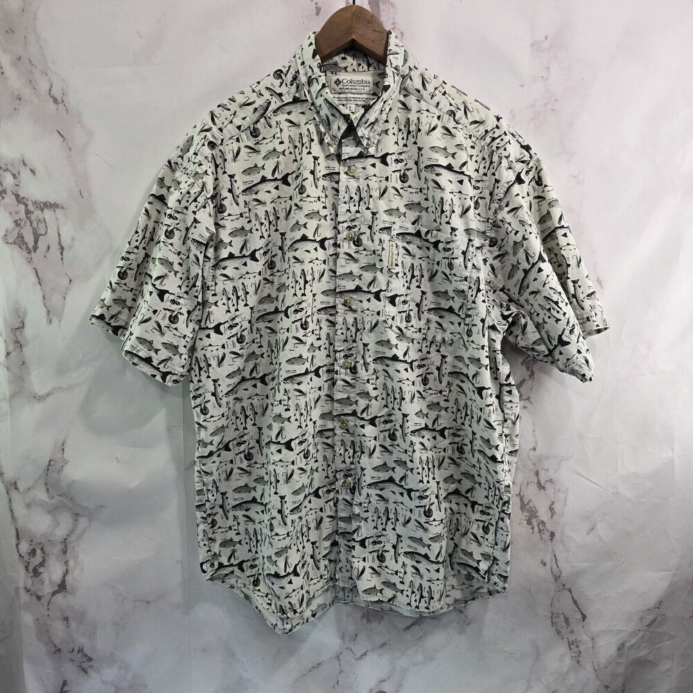 Columbia Shirt Mens XL Fish Print Short Sleeve Button Down Camp Vintage Trout